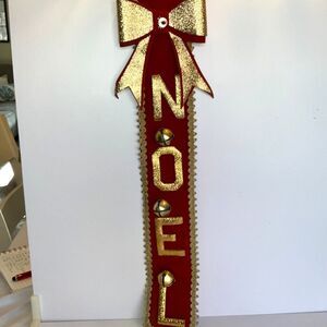 Vintage MCM Christmas wall hanging NOEL red and gold with bells and bow